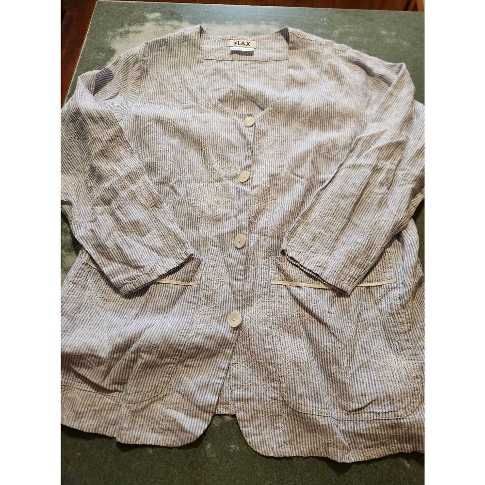 Flax brand linen blue &white striped flower embroidered jacket sz Medium